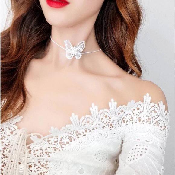 Black or White Butterfly Choker Necklace - Picture 3 of 14